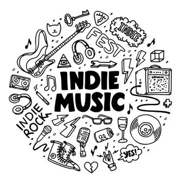 Indie rock circle composition. Black and white illustration Stock Illustration