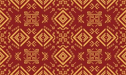 Indigenous and Asian patterns in a pixel art style, Pixel art in red tone. Stock Illustration