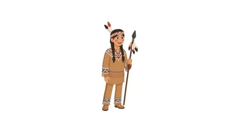 Indigenous animated native character standing holding spear 4K white backgrou Stock Footage 345856577