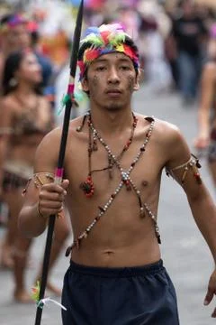 Indigenous man from the Amazon area at Corpus Chriti parade in Pujili Ecuador Stock Photos