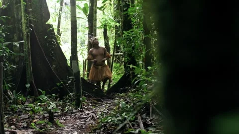 Indigenous man standing in Amazon rainforest jungle Stock Footage 324782232