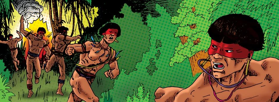 Indigenous men running scared through the forest イラスト素材