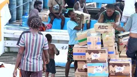 Indigenous Papua workers Loading Cargo Boxes on Dock in Papua Stock Footage 318396386