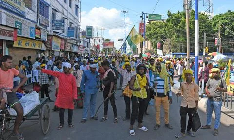 Indigenous people blocked roads in Burdwan with traditional weapons Stock Photos