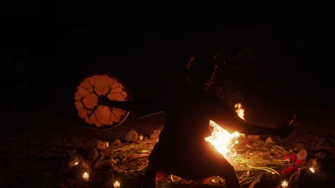 An Indigenous Shaman Dancing around the Bonfire Video stock 270330351