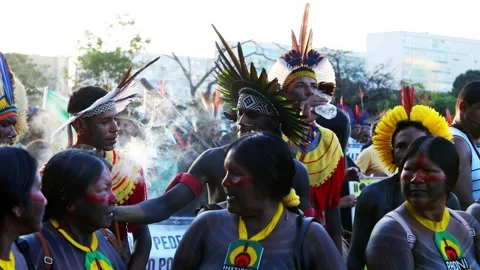 Indigenous tribes at the protest in Brasilia against demarcation laws. Stock Footage 243536588