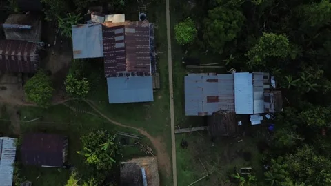 Indigenous village in the Amazon top down drone footage Stock Footage 253427661