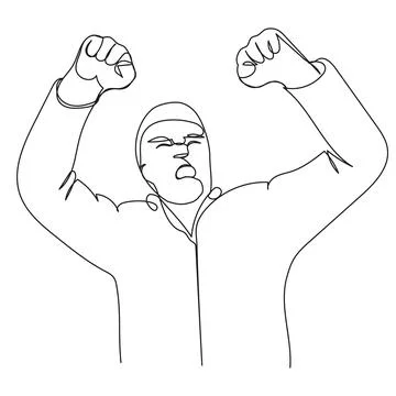 Indignant guy with raised fists up in a continuous line on white isolate. V.. Stock Illustration