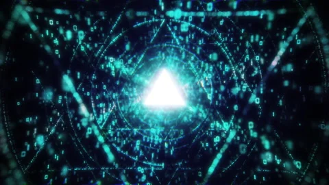 Indigo Binary Code Digital Tunnel with Floating Numbers, Futuristic Triangles Stock Footage 326776143