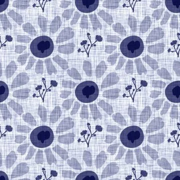 Indigo blue flower block print dyed linen texture background. Seamless woven Stock Illustration