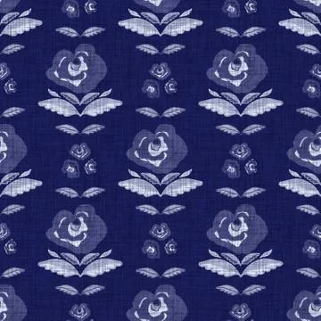Indigo blue flower block print dyed linen texture background. Seamless woven Stock Illustration