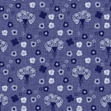 Indigo blue flower block print dyed linen texture background. Seamless woven Stock Illustration
