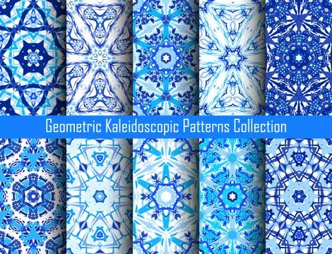 Indigo Blue Kaleidoscopic Patterns Set Stock Illustration