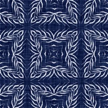 Indigo blue leaf block print damask dyed texture background. Seamless woven Stock Illustration