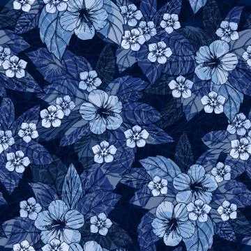 Indigo floral seamless pattern with hibiscus flowers Illustrazione stock