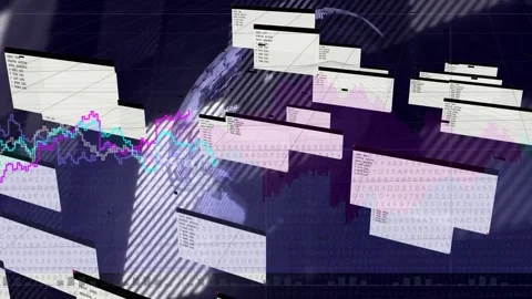 Indigo grid appearing, data panes sliding, stacking as globe rotating and graphs Stock Footage 335465764