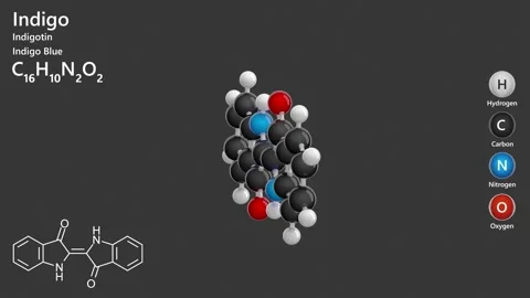 Indigo. Natural dye. 3D model. C16H10N2O2. Gray background. 3D render Stock Footage 295031475