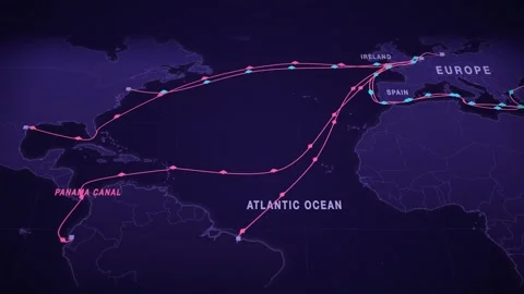 Indigo Night Perspective Map With Pulsing Lanes Tracing The Bananas Route From Stock Footage 343729517