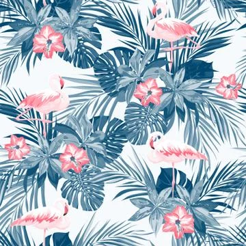 Indigo tropical summer seamless pattern with flamingo birds and exotic flowers Illustrazione stock