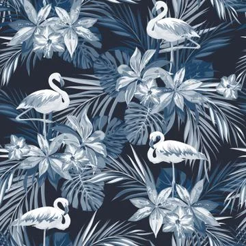 Indigo tropical summer seamless pattern with flamingo birds and exotic flowers Stock Illustration