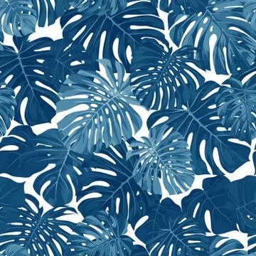 Indigo vector pattern with monstera palm leaves on dark background. Seamless Illustrazione stock