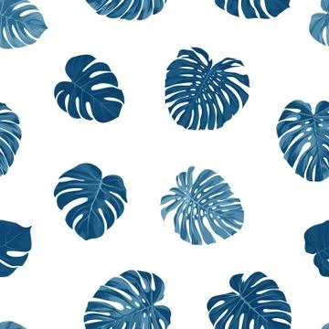 Indigo vector pattern with monstera palm leaves on dark background. Seamless Stock Illustration