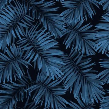 Indigo vector seamless pattern with monstera palm leaves on dark background Stock Illustration