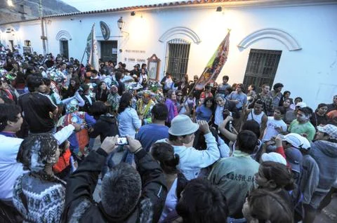 Indios making music and dancing on a celebration at Tilcara Stock Photos