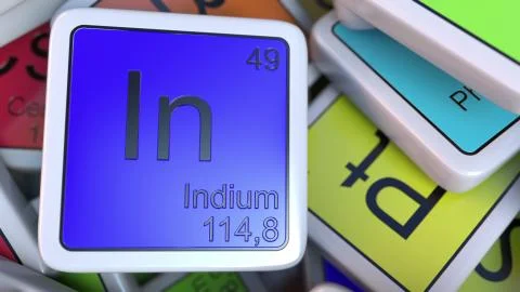 Indium In block on the pile of periodic table of the chemical elements blocks Stock Illustration