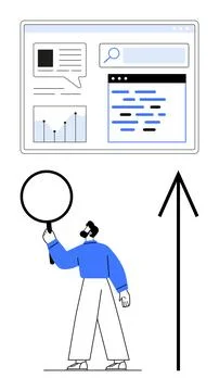 Individual Analyzing Web Data with Magnifying Glass and Upward Arrow Indicating Stock Illustration