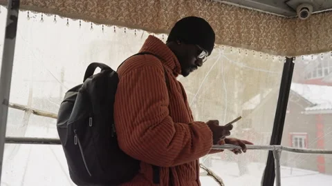 Individual in bright jacket engaged with phone amid winter scene. Scene depicts Stock Footage 338288067