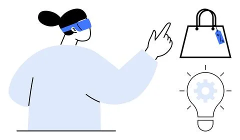 Individual Exploring Virtual Shopping and Innovation with VR Headset, Shopp.. Stock Illustration