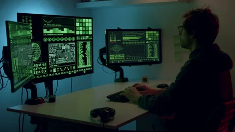 Individual focused on multiple computer screens displaying green data and Stock Footage 313934567