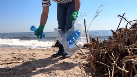 Individual gathers plastic bottles from sandy beach while waves lap at shore Vídeo Stock 336704102