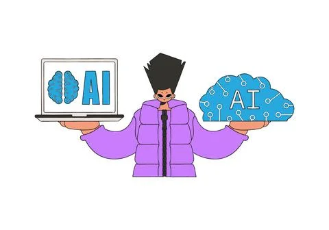 An individual grasps a digital brain vector illustration. Stock Illustration