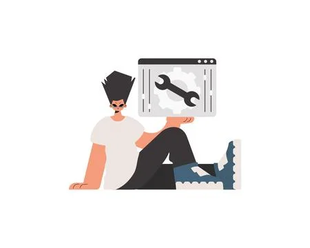 The individual is holding a browser window with gears. SEO and web examinin.. Stock Illustration