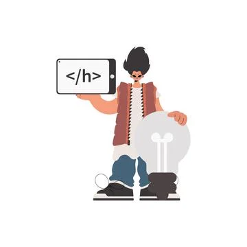 The individual is holding a browser window with a programming picture, and 스톡 일러스트