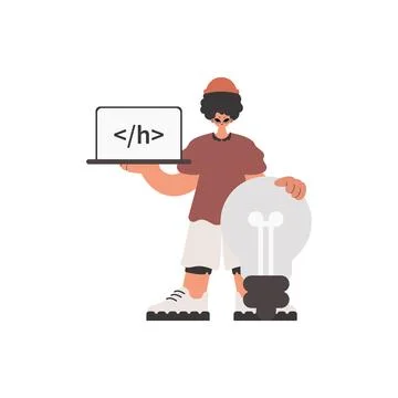 The individual is holding a browser window with a programming picture, and Stock Illustration