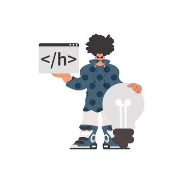 The individual is holding a browser window with a programming picture, and Stock Illustration