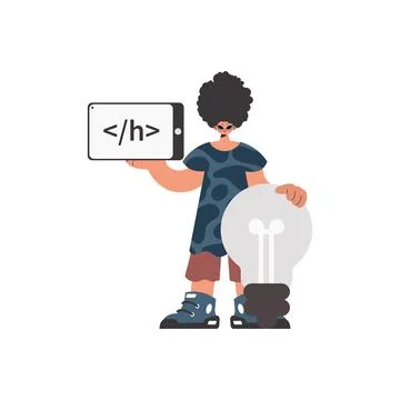 The individual is holding a browser window with a programming picture, and Stock Illustration