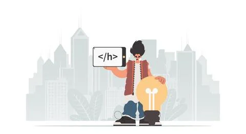 The individual is holding a browser window with a programming picture, and .. イラスト素材