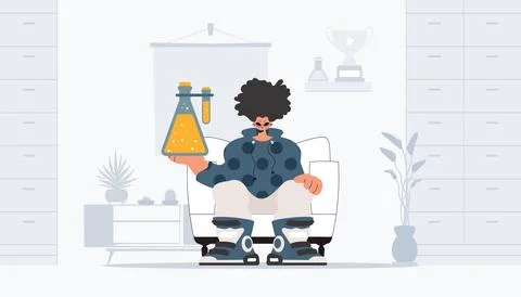 Individual holding chemical carafe, learning subject. Trendy style, Vector .. Illustrazione stock