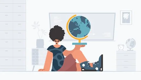 The individual is holding a colossal globe, the subject of learning. Trendy.. Stock Illustration