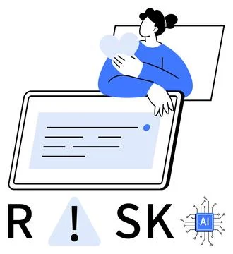Individual holding a heart shape, text on tablet screen, AI chip icon, RISK t Stock-Illustration