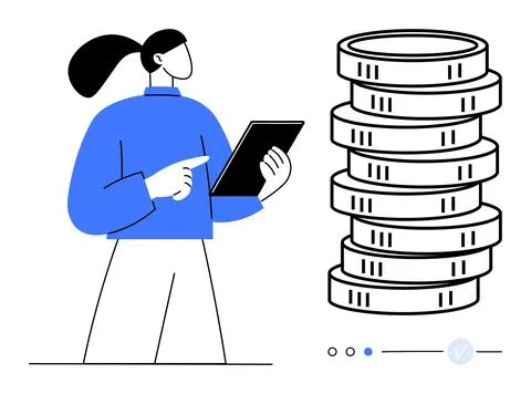 Individual holding a tablet pointing at screen beside a tall stack of coins.  Stock Illustration