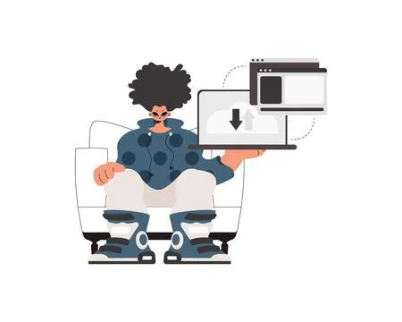 The individual is holding a tablet in which data is being synchronized. Com.. Stock Illustration