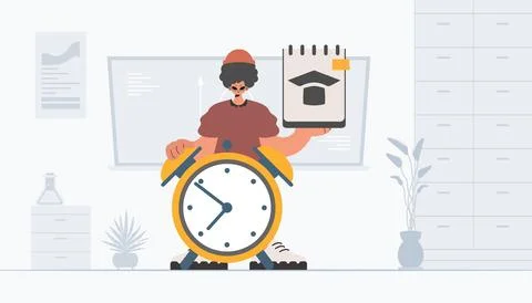 Individual with inquisitively and caution clock, learning subject. Trendy s.. 库存插图