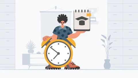 Individual with inquisitively and caution clock, learning subject. Trendy s.. 库存插图
