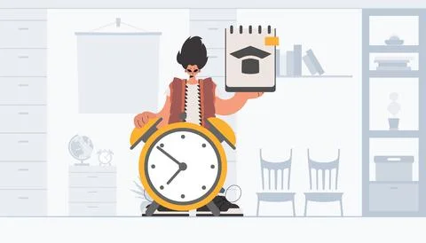 Individual with inquisitively and caution clock, learning subject. Trendy s.. Stock Illustration