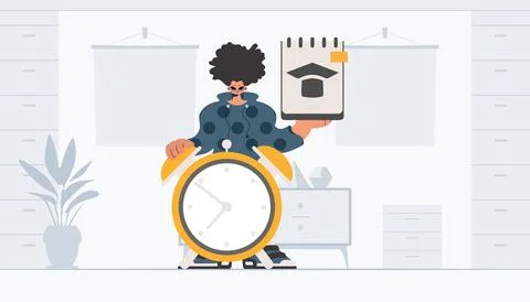 Individual with inquisitively and caution clock, learning subject. Trendy s.. Illustrazione stock